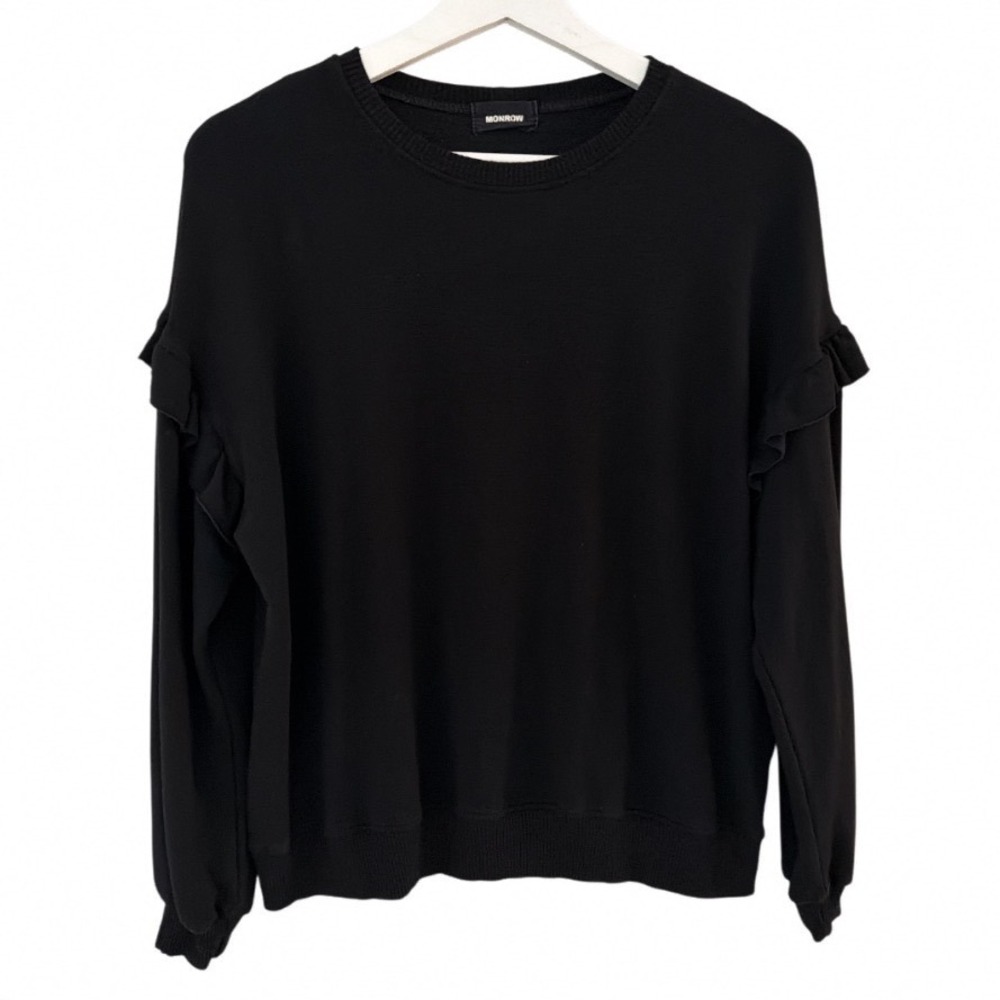 Monrow Women‎ Medium Ruffle Shoulder Sweatshirt Black Long Sleeve Crew Neck